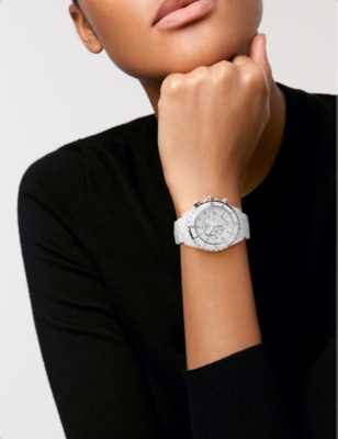 Pre-owned Chanel White/silver H2009 J12 Chronograph Ceramic, Stainless-steel And 0.07ct Diamond Automatic Watch