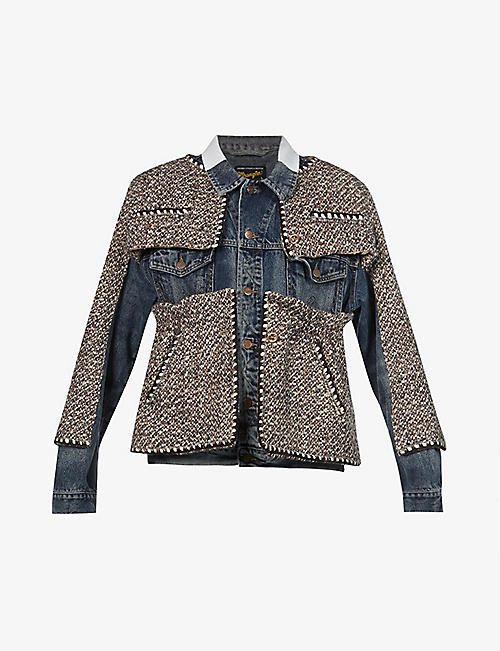 1/OFF: Upcycled contrast-panel denim and tweed jacket