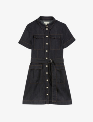 TED BAKER WOMENS NAVY POLINNA BUCKLE-DETAIL DENIM MINI DRESS 16,R03746975