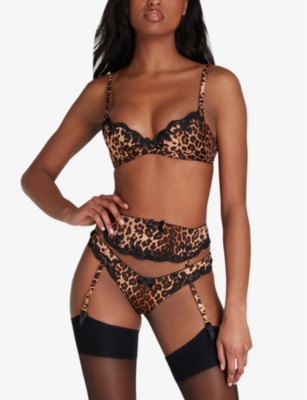 Shop Agent Provocateur Molly Leopard-print High-rise Stretch-silk Suspenders In Black