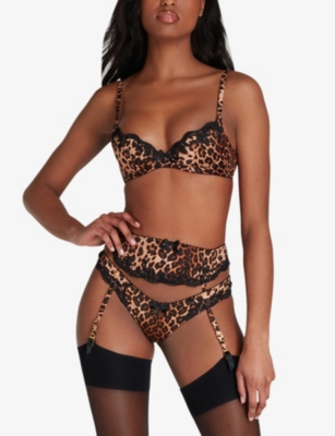 AGENT PROVOCATEUR: Molly leopard-print high-rise stretch-silk suspenders