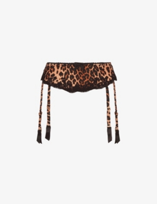Shop Agent Provocateur Molly Leopard-print High-rise Stretch-silk Suspenders In Black