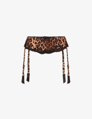 AGENT PROVOCATEUR: Molly leopard-print high-rise stretch-silk suspenders