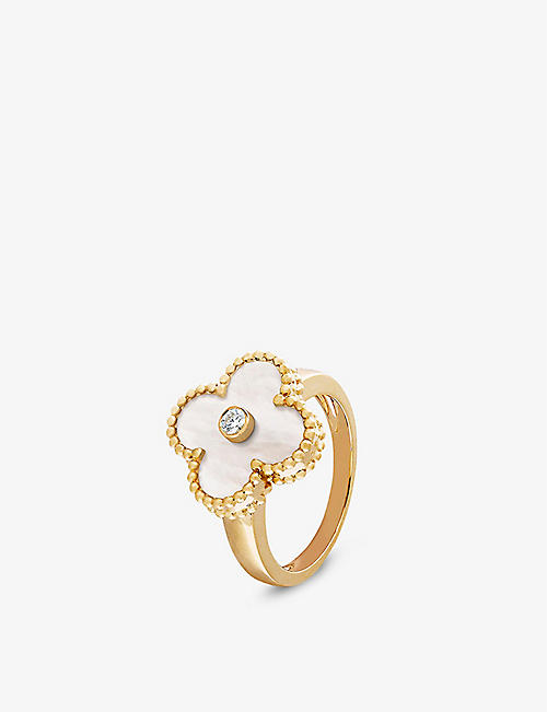 VAN CLEEF & ARPELS: Vintage Alhambra yellow-gold, mother-of-pearl and 0.06ct brilliant-cut diamond ring