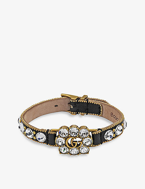 GUCCI: GG Marmont gold-tone brass, leather and crystal bracelet
