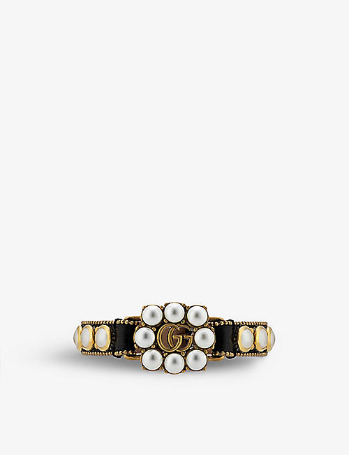GUCCI: GG Marmont gold-toned brass leather and pearl bracelet