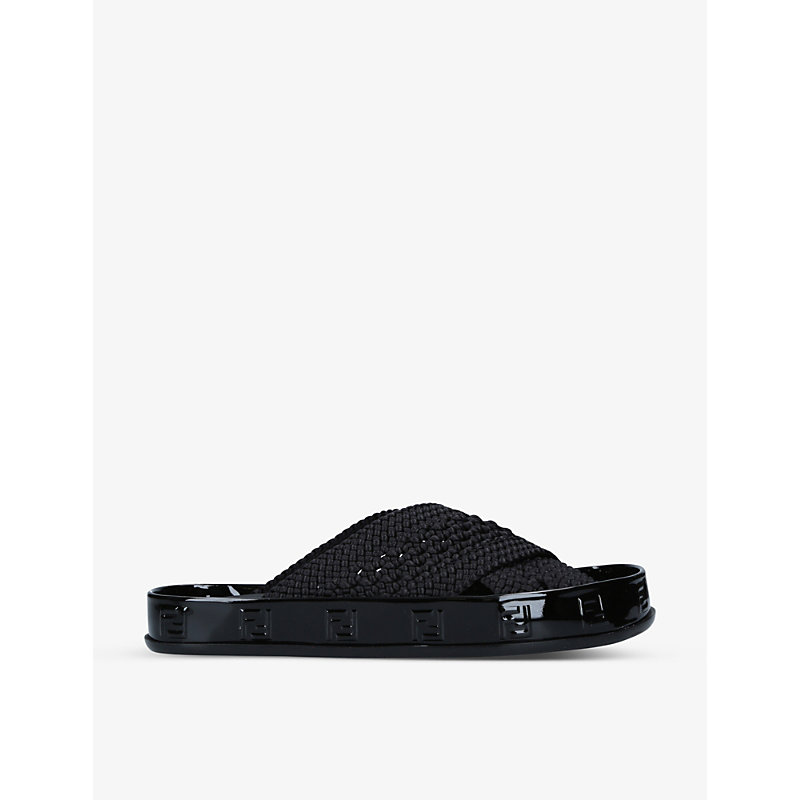 FENDI WOMENS BLACK SHOW LOGO-EMBELLISHED STRETCH-LACE AND PATENT LEATHER SLIDERS 5.5,R03748862