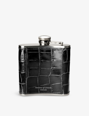 Shop Aspinal Of London Black Classic Croc-embossed Leather And Stainless-steel Hip Flask