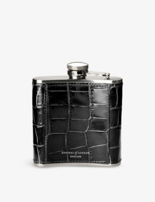 Aspinal Of London Black Classic Crocodile-embossed Leather And Stainless Steel Hip Flask 142ml In Black