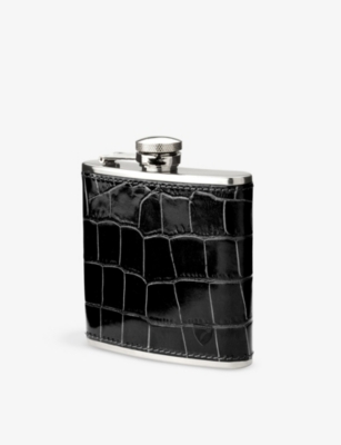 ASPINAL OF LONDON: Classic croc-embossed leather and stainless-steel hip flask