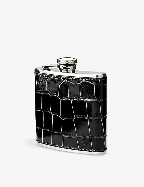 ASPINAL OF LONDON: Classic croc-embossed leather and stainless-steel hip flask