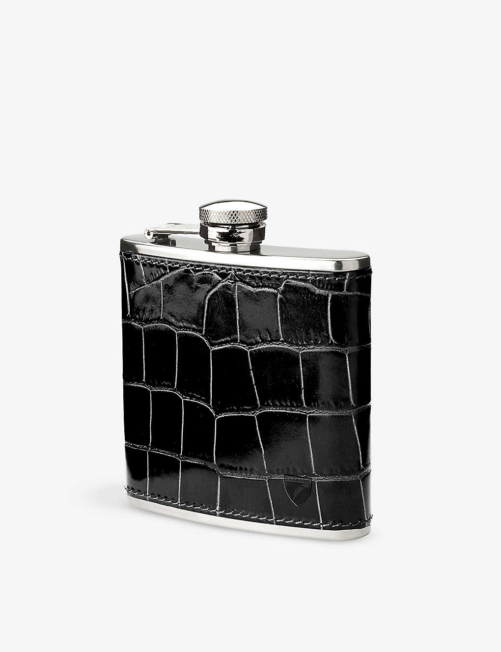 Aspinal Of London Black Classic Crocodile-embossed Leather And Stainless Steel Hip Flask 142ml