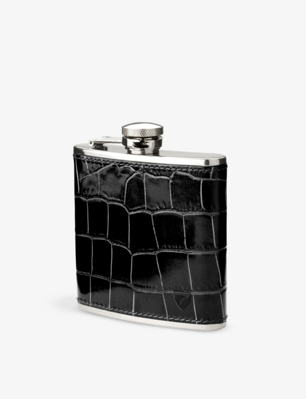 Classic croc-embossed leather and stainless-steel hip flask