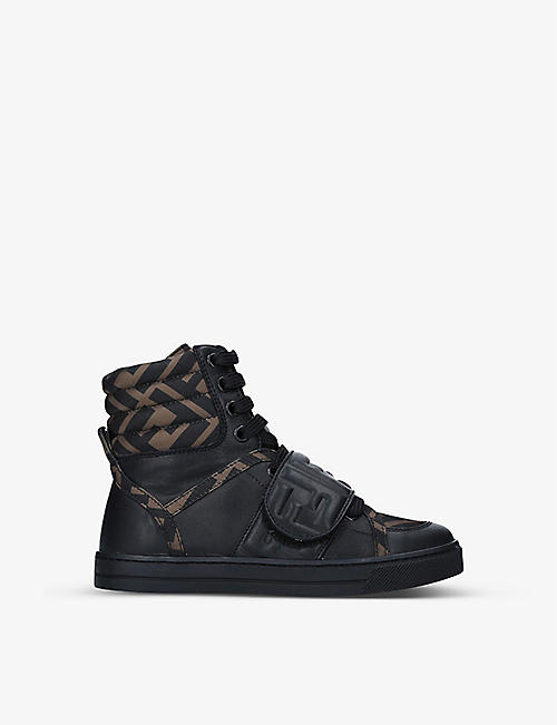 FENDI: Logo-print high-top fabric and leather trainers 4-7 years