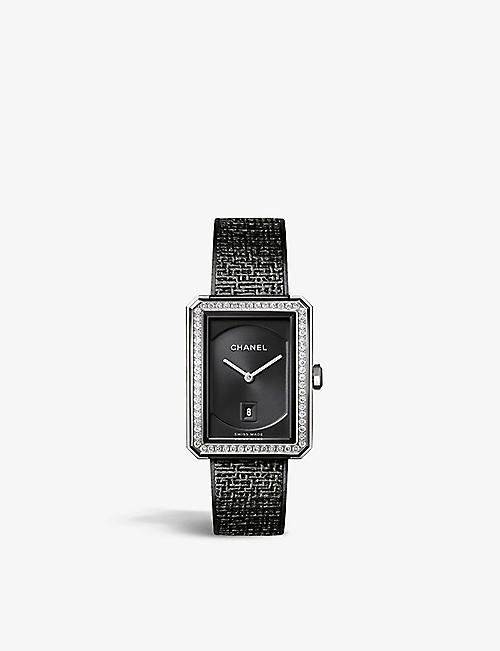 CHANEL: H5318 BOY·FRIEND Tweed steel and 0.71ct brilliant-cut diamond quartz watch