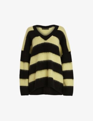 ALLSAINTS - Lou striped-print V-neck knitted jumper | Selfridges.com