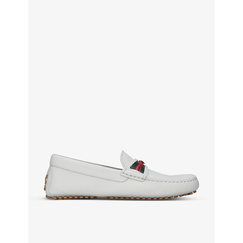 Gucci Mens White Ayrton Logo-embellished Leather Driving Loafers 6