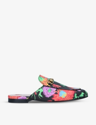 Gucci Womens Black/comb X Ken Scott Princetown Floral-print Faux-leather Slippers 2