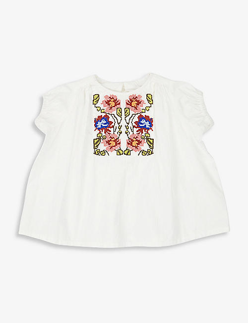 CARAMEL: Coral flower-embroidered cotton dress 3-24 months