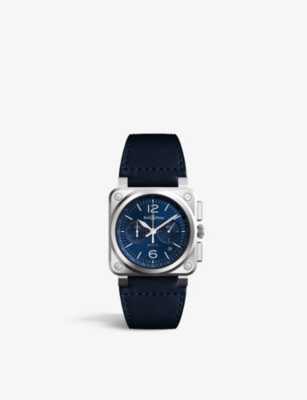 BELL & ROSS: BR0394-BLU-ST/SCA stainless steel and leather chronograph watch