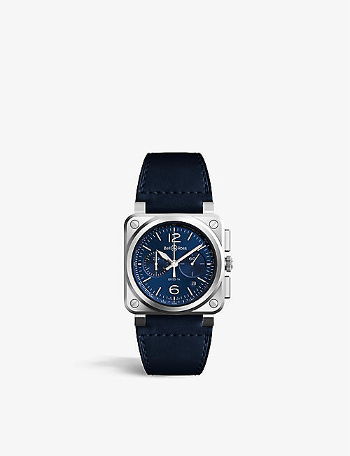 BELL & ROSS: BR0394-BLU-ST/SCA stainless steel and leather chronograph watch