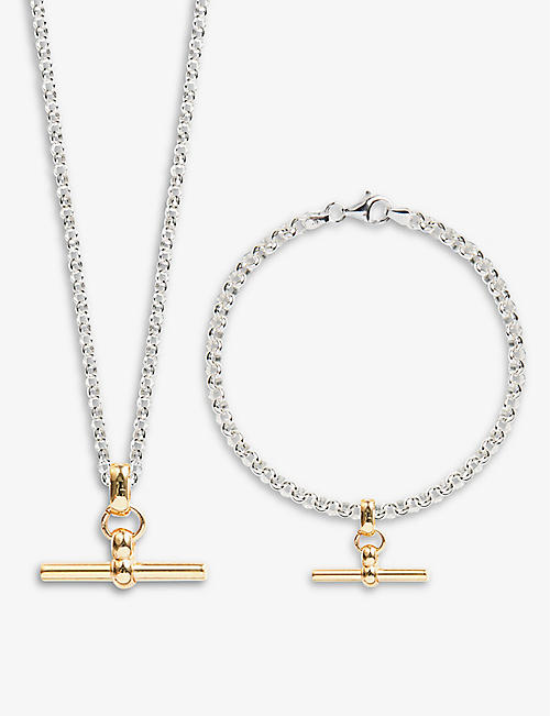 TILLY SVEAAS: Belcher T-bar 23.5ct yellow gold-plated sterling-silver bracelet and necklace set
