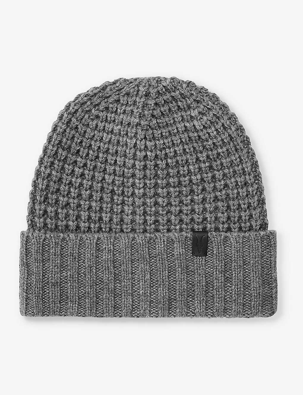 Allsaints Mens Grey Marl Nevada Ribbed Knitted Beanie Hat