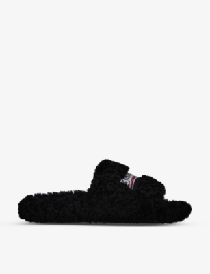 BALENCIAGA: Logo-embroidered faux-shearling sliders