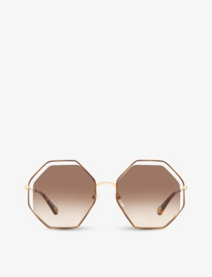Shop Chloé Chloe Women's Brown Ch0046s Hexagonal-framed Metal Sunglasses