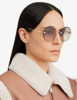 Shop Chloé Chloe Women's Brown Ch0047s Metal Scalloped Round-frame Sunglasses