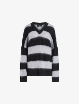 Allsaints Lou Sparkle Striped Knitted Jumper In Black/cloud Gr