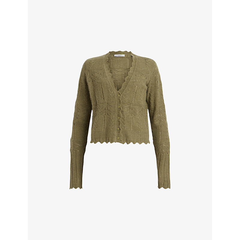 ALLSAINTS ALLSAINTS WOMEN'S GRASS GREEN VANESSA LACE-EMBROIDERED KNITTED CARDIGAN