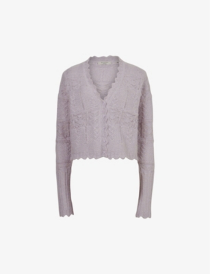 Allsaints Womens Violet Vanessa Lace-embroidered Knitted Cardigan In Violet