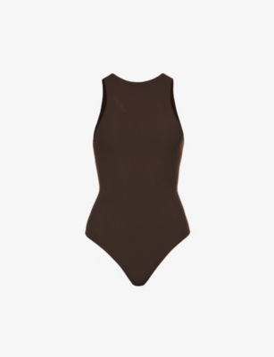 Skims Fits Everybody Stretch Satin-jersey Thong Bodysuit In Neutral