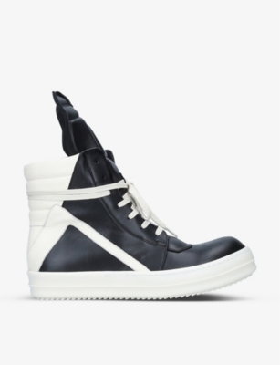 Shop Rick Owens Men's Blk/white Geobasket Leather High-top Trainers