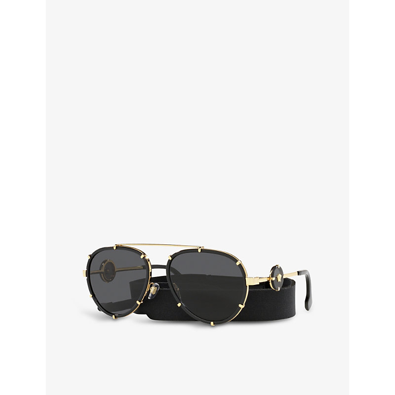 Shop Versace Women's Black Ve2232 Logo-engraved Aviator Sunglasses