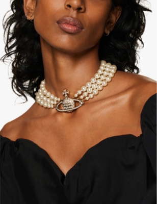 Triple-row faux-pearl orb pendant choker