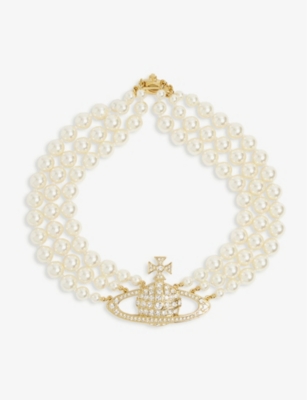 Vivienne Westwood Jewellery Triple-row Faux-pearl Orb Pendant Choker In Gold Pearl Crystal