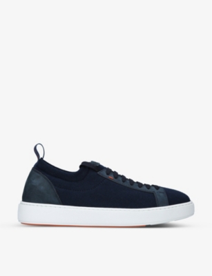 Santoni Tech-knit And Leather Trainers In Navy