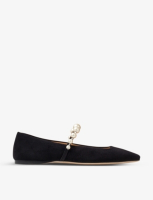 JIMMY CHOO: Ade pearl and crystal-embellished suede ballet flats