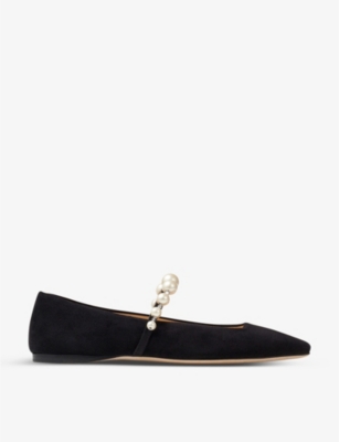 Shop Jimmy Choo Women's Black/white Ade Pearl And Crystal-embellished Suede Ballet Flats