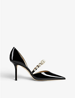 JIMMY CHOO: Aurelie 85 pearl-embellished patent-leather courts