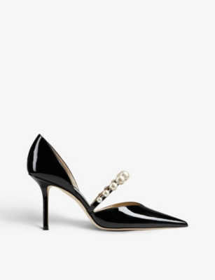 Shop Jimmy Choo Women's Black/white Aurelie 85 Pearl-embellished Patent-leather Courts