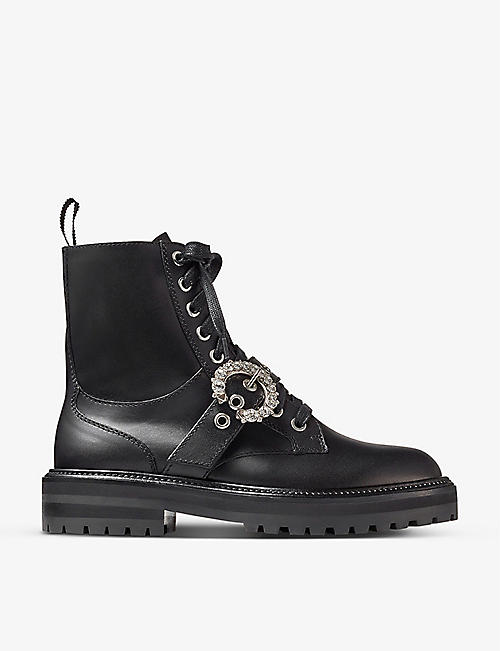 JIMMY CHOO: Cora crystal-buckle leather combat boots