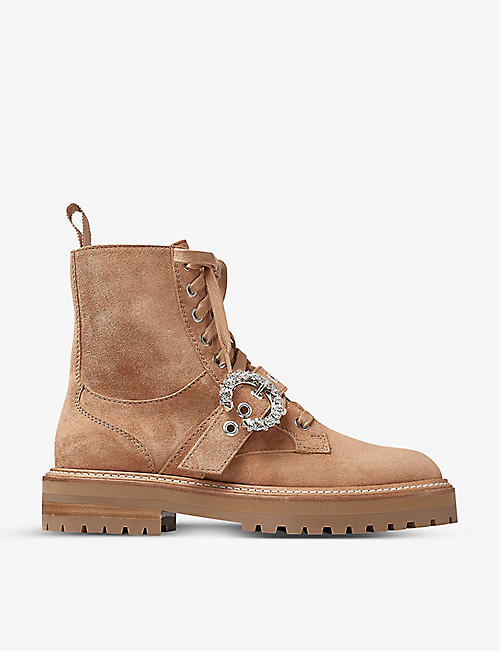 JIMMY CHOO: Cora crystal-buckle suede combat boots