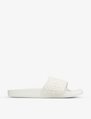 JIMMY CHOO Fitz pearl embellished canvas sliders Selfridges