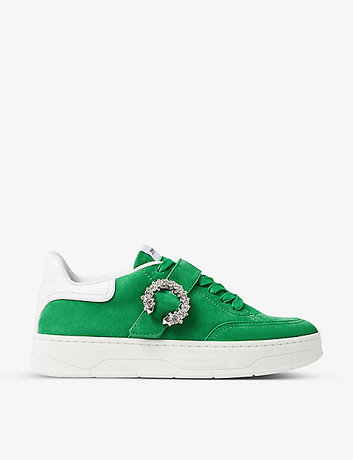 JIMMY CHOO: Osaka crystal-buckle low-top suede and leather trainers