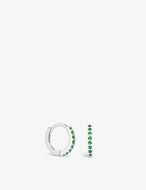 ASTRID & MIYU: Emerald Green rhodium-plated sterling silver and cubic zirconia huggie earring
