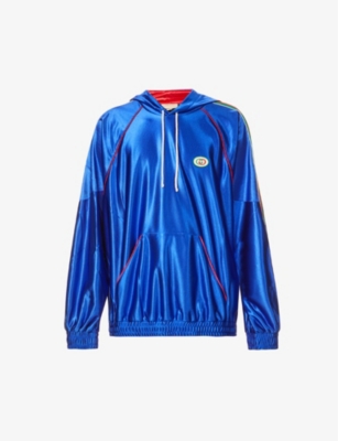 Gucci Mens Blue Striped Branded Metallic Shell Hoody, Size: XL