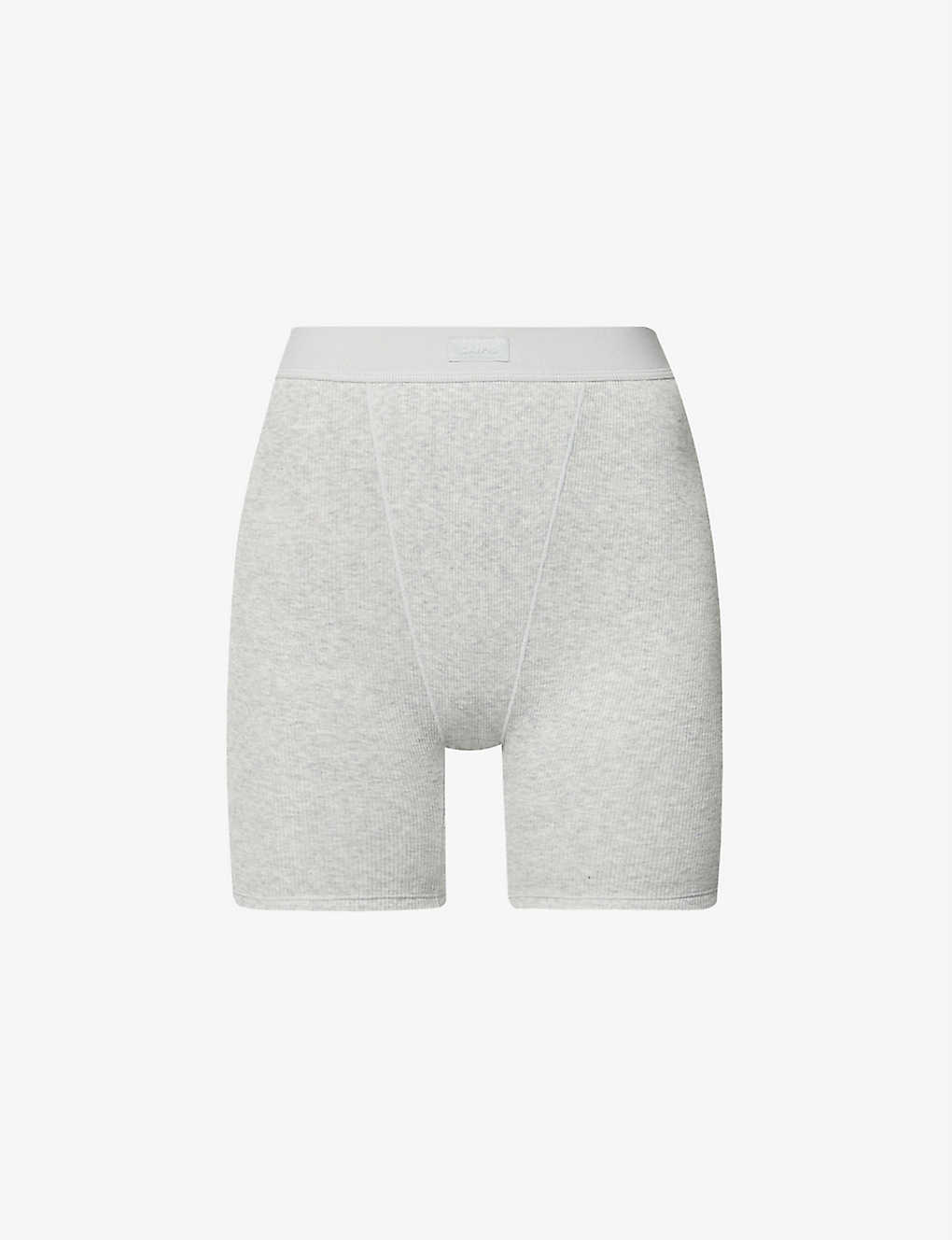 Shop Skims Women's Light Heather Grey Ribbed High-rise Stretch-cotton Boxer Shorts